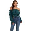 imageLYANER Womens Off Shoulder Ruffle Trim Puff Long Sleeve Tube Crop Blouse Shirt TopDeep Teal