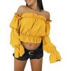 imageLYANER Womens Off Shoulder Ruffle Trim Puff Long Sleeve Tube Crop Blouse Shirt TopGinger