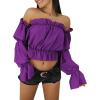 imageLYANER Womens Off Shoulder Ruffle Trim Puff Long Sleeve Tube Crop Blouse Shirt TopGrape Purple
