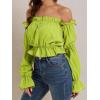 imageLYANER Womens Off Shoulder Ruffle Trim Puff Long Sleeve Tube Crop Blouse Shirt TopGrass Green