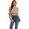 imageLYANER Womens Off Shoulder Ruffle Trim Puff Long Sleeve Tube Crop Blouse Shirt TopKhaki