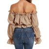 imageLYANER Womens Off Shoulder Ruffle Trim Puff Long Sleeve Tube Crop Blouse Shirt TopKhaki