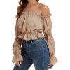 imageLYANER Womens Off Shoulder Ruffle Trim Puff Long Sleeve Tube Crop Blouse Shirt TopKhaki