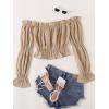imageLYANER Womens Off Shoulder Ruffle Trim Puff Long Sleeve Tube Crop Blouse Shirt TopKhaki