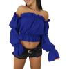 imageLYANER Womens Off Shoulder Ruffle Trim Puff Long Sleeve Tube Crop Blouse Shirt TopNavy