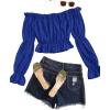 imageLYANER Womens Off Shoulder Ruffle Trim Puff Long Sleeve Tube Crop Blouse Shirt TopNavy