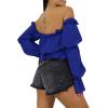 imageLYANER Womens Off Shoulder Ruffle Trim Puff Long Sleeve Tube Crop Blouse Shirt TopNavy