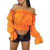 imageLYANER Womens Off Shoulder Ruffle Trim Puff Long Sleeve Tube Crop Blouse Shirt TopOrange