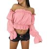 imageLYANER Womens Off Shoulder Ruffle Trim Puff Long Sleeve Tube Crop Blouse Shirt TopPink