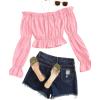 imageLYANER Womens Off Shoulder Ruffle Trim Puff Long Sleeve Tube Crop Blouse Shirt TopPink