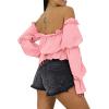 imageLYANER Womens Off Shoulder Ruffle Trim Puff Long Sleeve Tube Crop Blouse Shirt TopPink