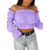 imageLYANER Womens Off Shoulder Ruffle Trim Puff Long Sleeve Tube Crop Blouse Shirt TopPurple