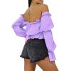 imageLYANER Womens Off Shoulder Ruffle Trim Puff Long Sleeve Tube Crop Blouse Shirt TopPurple