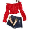imageLYANER Womens Off Shoulder Ruffle Trim Puff Long Sleeve Tube Crop Blouse Shirt TopRed