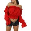 imageLYANER Womens Off Shoulder Ruffle Trim Puff Long Sleeve Tube Crop Blouse Shirt TopRed