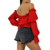imageLYANER Womens Off Shoulder Ruffle Trim Puff Long Sleeve Tube Crop Blouse Shirt TopRed