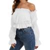 imageLYANER Womens Off Shoulder Ruffle Trim Puff Long Sleeve Tube Crop Blouse Shirt TopWhite