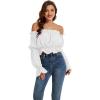 imageLYANER Womens Off Shoulder Ruffle Trim Puff Long Sleeve Tube Crop Blouse Shirt TopWhite