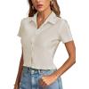 imageLYANER Womens Rib Knit Collar V Neck Button Down Ruffle Tirm Short Sleeve Crop Top Blouse ShirtBeige