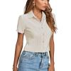 imageLYANER Womens Rib Knit Collar V Neck Button Down Ruffle Tirm Short Sleeve Crop Top Blouse ShirtBeige
