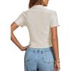 imageLYANER Womens Rib Knit Collar V Neck Button Down Ruffle Tirm Short Sleeve Crop Top Blouse ShirtBeige