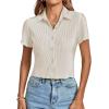 imageLYANER Womens Rib Knit Collar V Neck Button Down Ruffle Tirm Short Sleeve Crop Top Blouse ShirtBeige