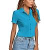 imageLYANER Womens Rib Knit Collar V Neck Button Down Ruffle Tirm Short Sleeve Crop Top Blouse ShirtBlue