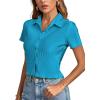 imageLYANER Womens Rib Knit Collar V Neck Button Down Ruffle Tirm Short Sleeve Crop Top Blouse ShirtBlue