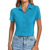 imageLYANER Womens Rib Knit Collar V Neck Button Down Ruffle Tirm Short Sleeve Crop Top Blouse ShirtBlue