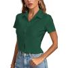 imageLYANER Womens Rib Knit Collar V Neck Button Down Ruffle Tirm Short Sleeve Crop Top Blouse ShirtDark Green