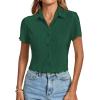 imageLYANER Womens Rib Knit Collar V Neck Button Down Ruffle Tirm Short Sleeve Crop Top Blouse ShirtDark Green