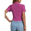 imageLYANER Womens Rib Knit Collar V Neck Button Down Ruffle Tirm Short Sleeve Crop Top Blouse ShirtDeep Purple