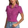 imageLYANER Womens Rib Knit Collar V Neck Button Down Ruffle Tirm Short Sleeve Crop Top Blouse ShirtDeep Purple