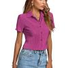 imageLYANER Womens Rib Knit Collar V Neck Button Down Ruffle Tirm Short Sleeve Crop Top Blouse ShirtDeep Purple