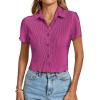 imageLYANER Womens Rib Knit Collar V Neck Button Down Ruffle Tirm Short Sleeve Crop Top Blouse ShirtDeep Purple