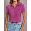 imageLYANER Womens Rib Knit Collar V Neck Button Down Ruffle Tirm Short Sleeve Crop Top Blouse ShirtDeep Purple