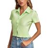 imageLYANER Womens Rib Knit Collar V Neck Button Down Ruffle Tirm Short Sleeve Crop Top Blouse ShirtGrass Green
