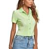 imageLYANER Womens Rib Knit Collar V Neck Button Down Ruffle Tirm Short Sleeve Crop Top Blouse ShirtGrass Green