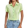 imageLYANER Womens Rib Knit Collar V Neck Button Down Ruffle Tirm Short Sleeve Crop Top Blouse ShirtGrass Green