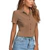 imageLYANER Womens Rib Knit Collar V Neck Button Down Ruffle Tirm Short Sleeve Crop Top Blouse ShirtLight Brown