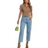 imageLYANER Womens Rib Knit Collar V Neck Button Down Ruffle Tirm Short Sleeve Crop Top Blouse ShirtLight Brown