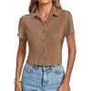 imageLYANER Womens Rib Knit Collar V Neck Button Down Ruffle Tirm Short Sleeve Crop Top Blouse ShirtLight Brown