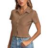 imageLYANER Womens Rib Knit Collar V Neck Button Down Ruffle Tirm Short Sleeve Crop Top Blouse ShirtLight Brown