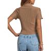 imageLYANER Womens Rib Knit Collar V Neck Button Down Ruffle Tirm Short Sleeve Crop Top Blouse ShirtLight Brown