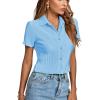imageLYANER Womens Rib Knit Collar V Neck Button Down Ruffle Tirm Short Sleeve Crop Top Blouse ShirtLigth Blue