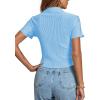 imageLYANER Womens Rib Knit Collar V Neck Button Down Ruffle Tirm Short Sleeve Crop Top Blouse ShirtLigth Blue