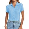 imageLYANER Womens Rib Knit Collar V Neck Button Down Ruffle Tirm Short Sleeve Crop Top Blouse ShirtLigth Blue