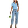 imageLYANER Womens Rib Knit Collar V Neck Button Down Ruffle Tirm Short Sleeve Crop Top Blouse ShirtLigth Blue