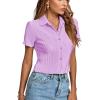 imageLYANER Womens Rib Knit Collar V Neck Button Down Ruffle Tirm Short Sleeve Crop Top Blouse ShirtLilac