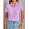 imageLYANER Womens Rib Knit Collar V Neck Button Down Ruffle Tirm Short Sleeve Crop Top Blouse ShirtLilac